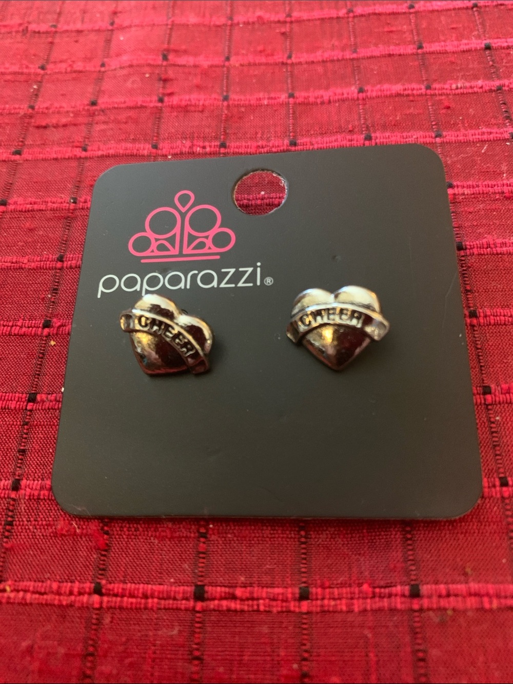 paparazzi Silver-Tone Heart 'CHEER' Stud Earrings